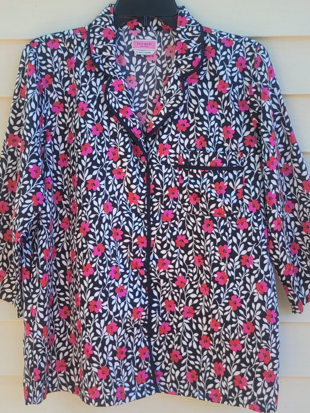 Kate Spade Black Pink White Floral Button Pajama Top Medium PJ Lightweight